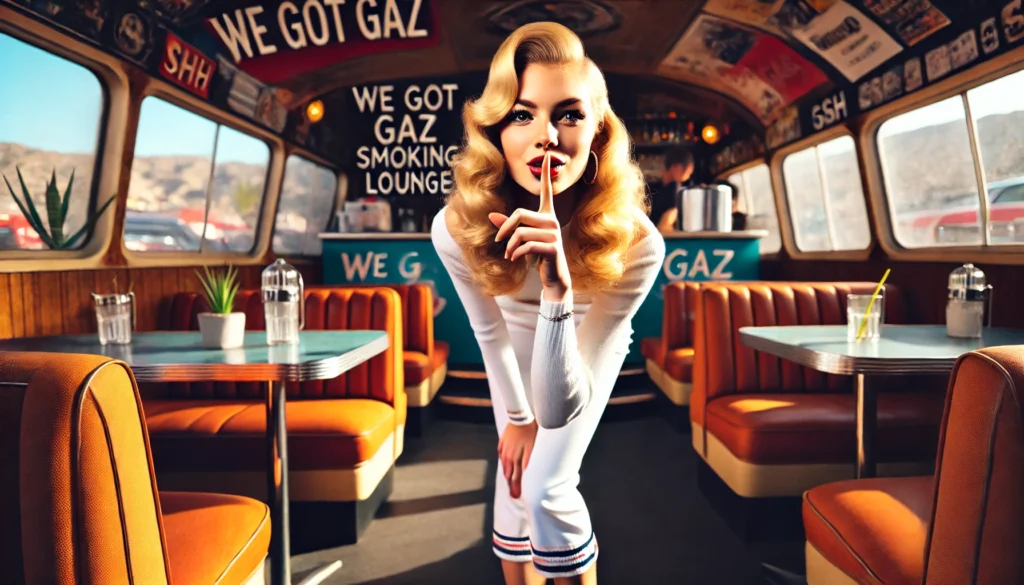A beautiful tall blonde pin-up girl standing and bending towards the camera with her index finger on her lips in a 'shh' motion. She has long leg